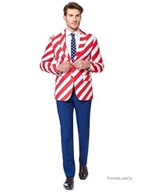 Men's American Flag Suit 3-Piece USA Outfit 4th of July Party Blazer Pants Tie